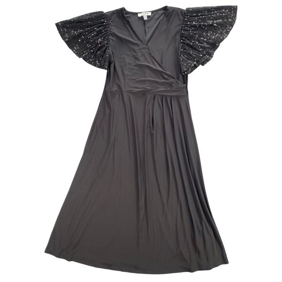 Chaus Dress Womens Large Black Jersey Knit Sequin Flutter Sleeve Surplice Neck - Picture 1 of 14